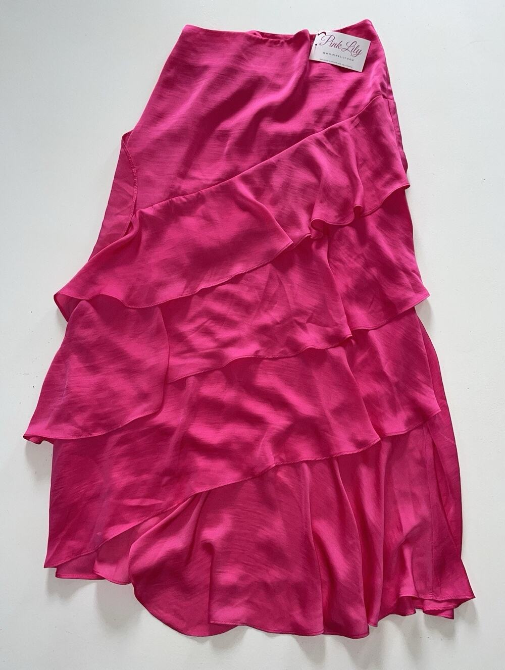 Pink Lily Small Bright Pink Layered Ruffled Satin Midi Skirt Zip Closure NWT